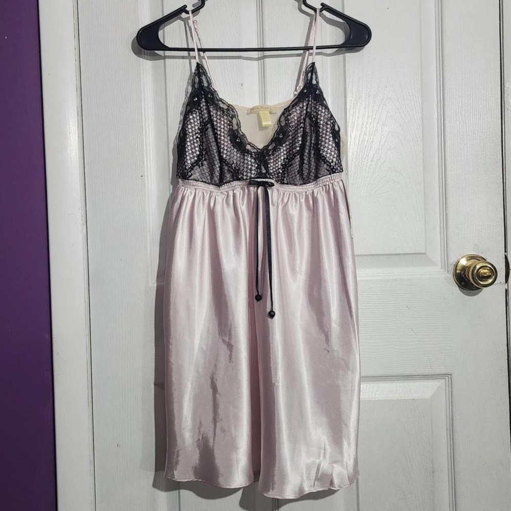 Vintage Y2K Pink Satin Black Lace Babydoll Coquette Slip Dress